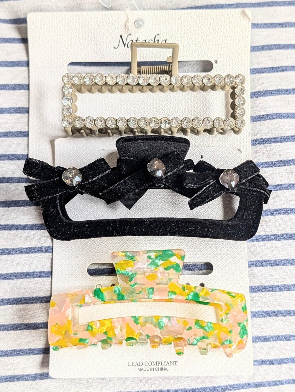 3-Pack Hair Claw Set — Black Velvet, Crystal, and Floral Resin